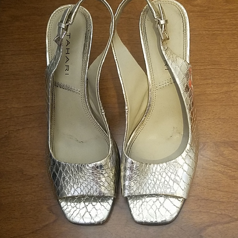 Gold foil Tahari heels